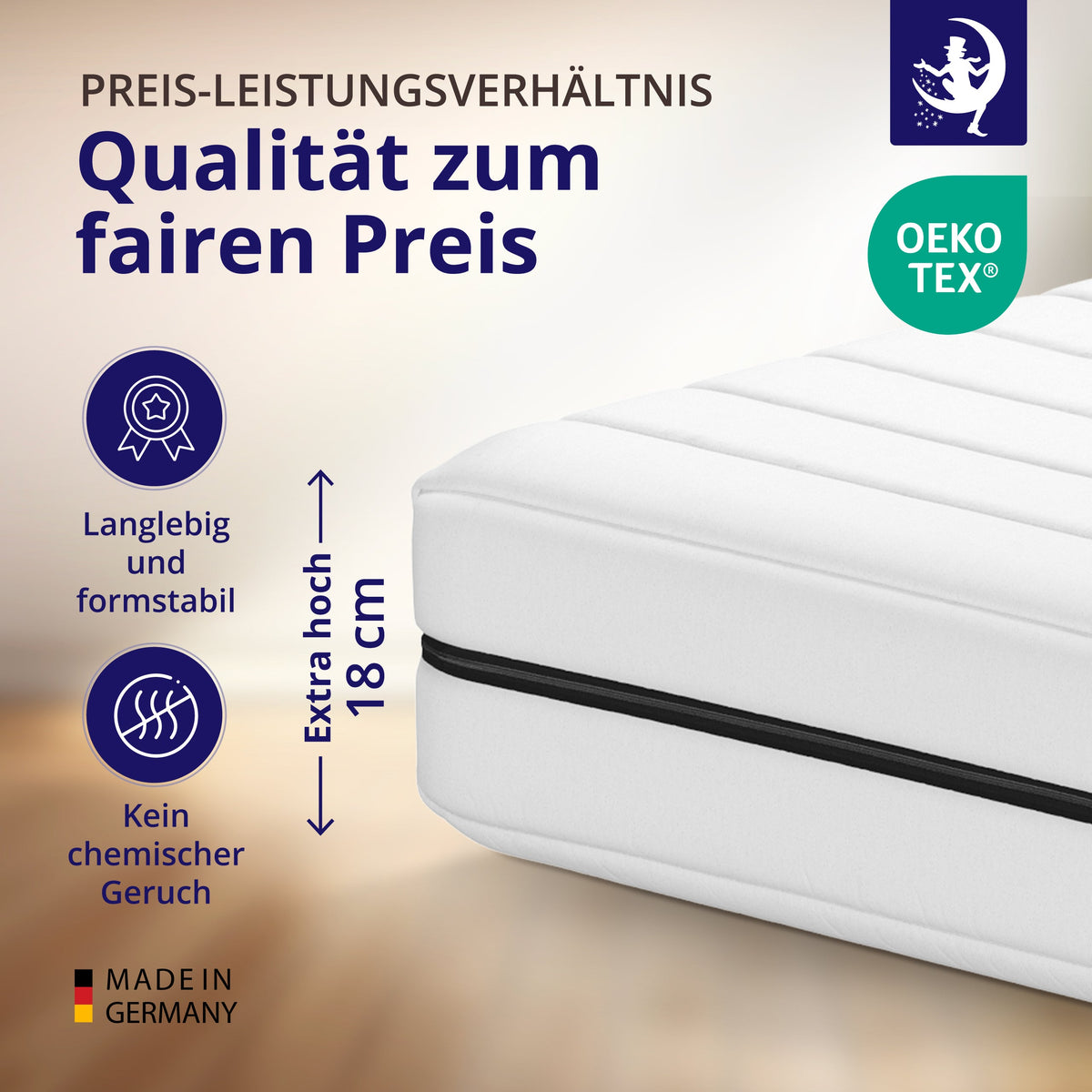 Detailaufnahme Matratzen-Ecke – 18 cm Komforthöhe, langlebig und formstabil, kein chemischer Geruch, Qualität Made in Germany
