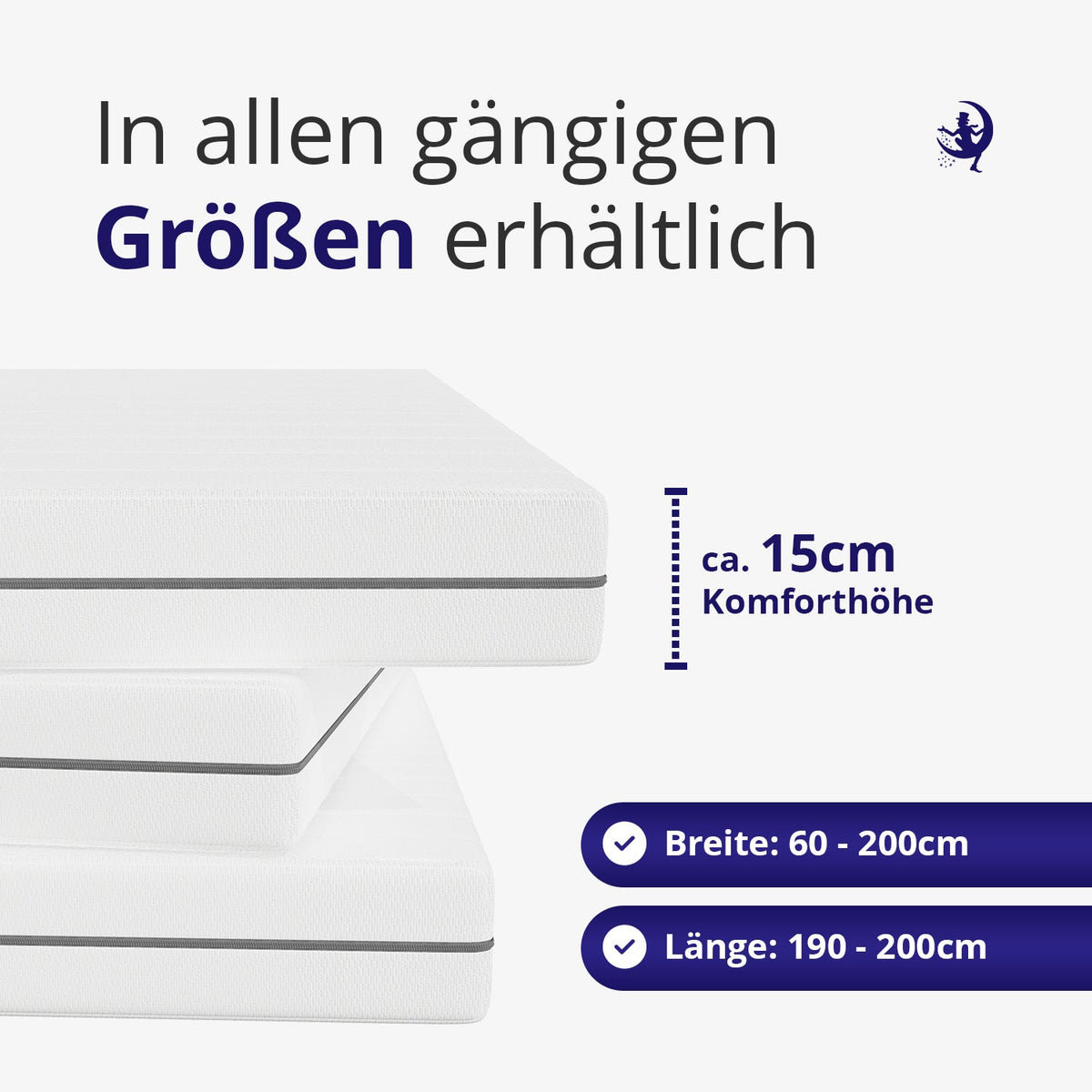 Groessenuebersicht der Gelschaummatratze mit ca. 15 cm Komforthoehe – in vielen Breiten und Laengen erhaeltlich.