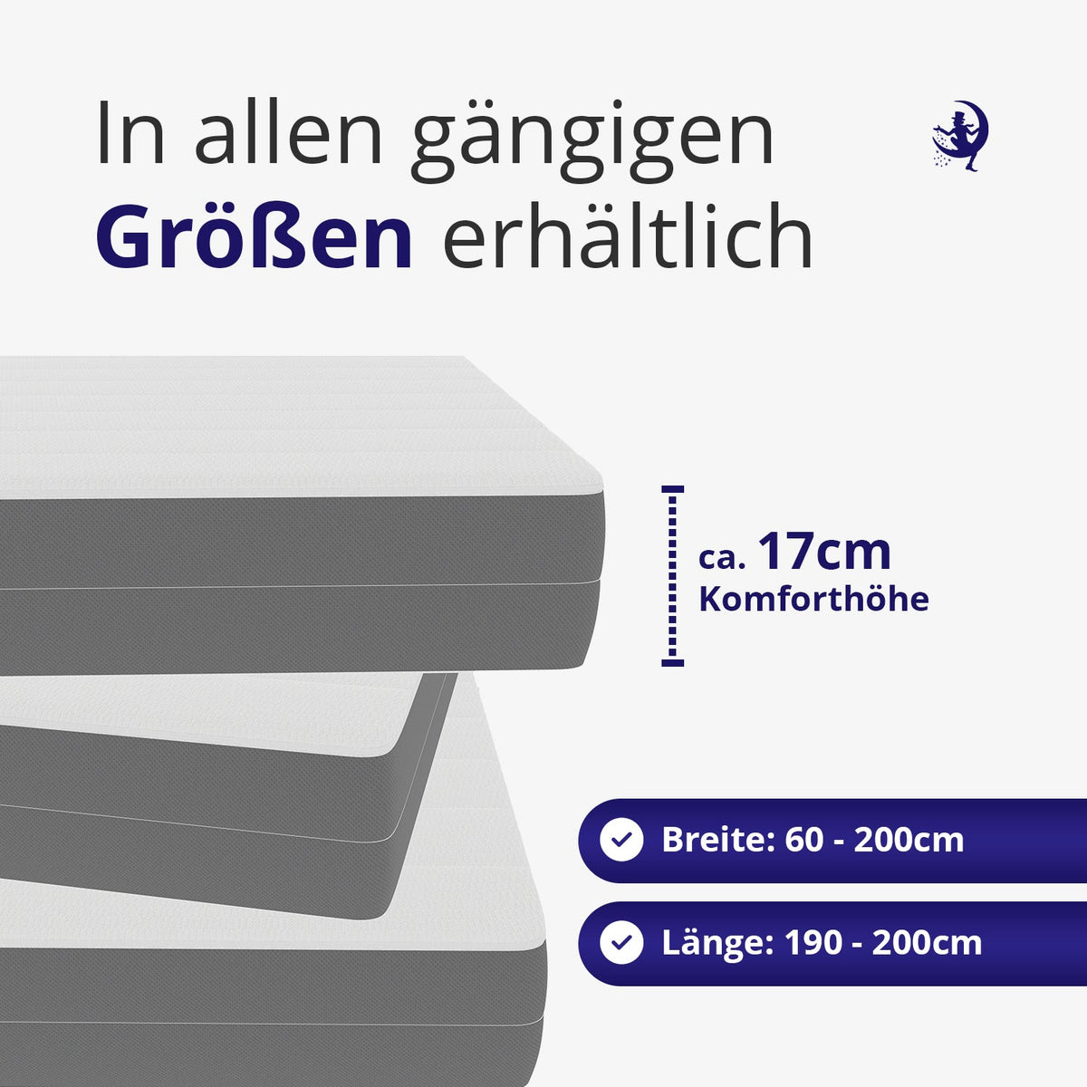 Matratze mit ca. 17cm Komforthoehe, in allen gängigen Breiten und Längen von 60x190 cm bis 200x200 cm erhältlich