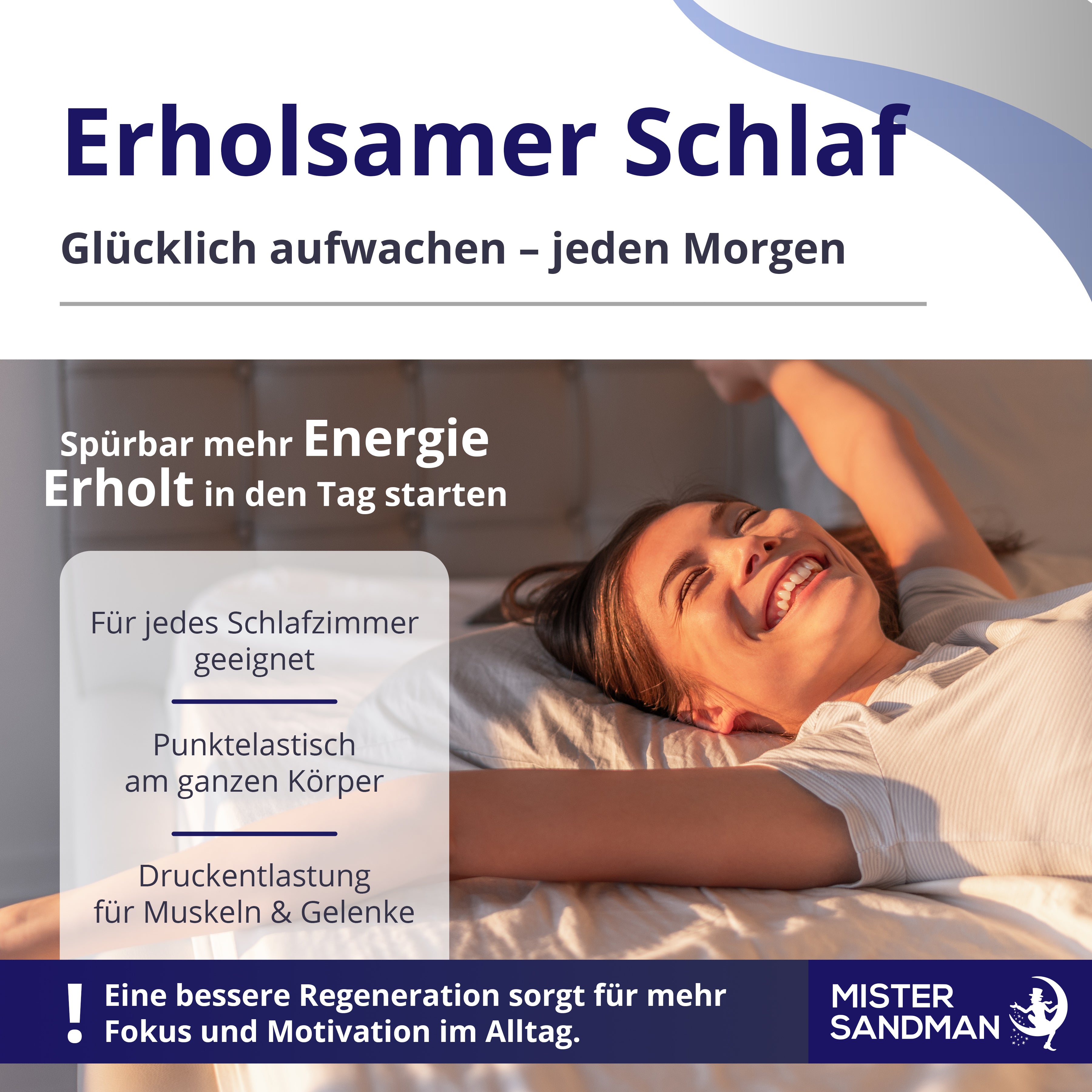 Person wacht entspannt und erholt auf einer Kaltschaummatratze auf