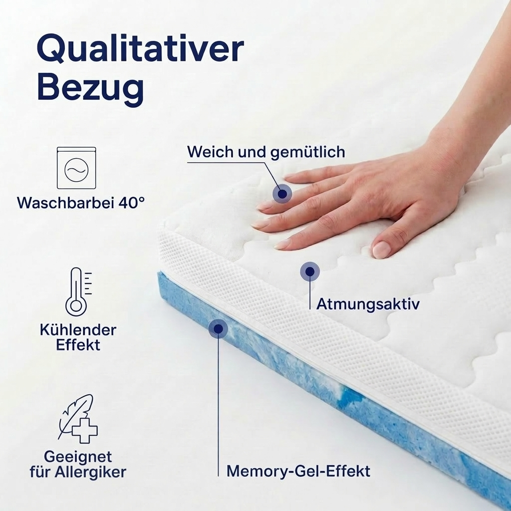 gel topper 7 zonen 8cm hoehe weicher bezug waschbar atmungsaktiv memory effekt handdruck