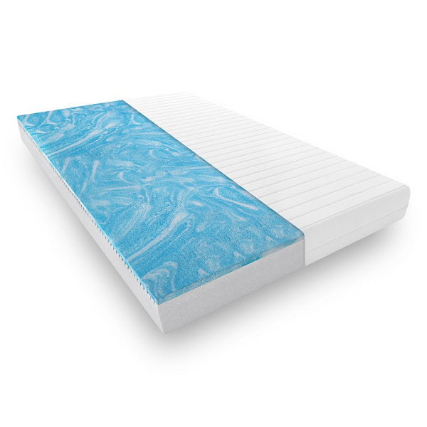 Perspektivische Ansicht der Gelschaummatratze mit blauer Gelauflage und ergonomischem Schaumkern